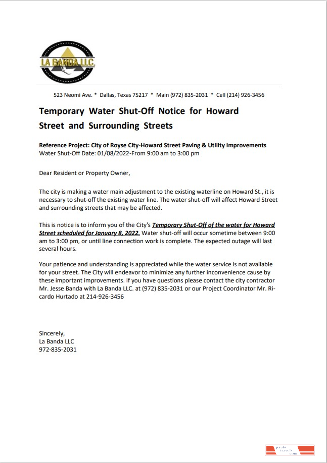 USA Texas La Banda utility water shut off notice, Word and PDF template